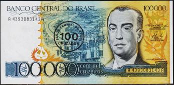 Банкнота Бразилия 100 крузадо 1986 года. P.208 UNC  - Банкнота Бразилия 100 крузадо 1986 года. P.208 UNC 