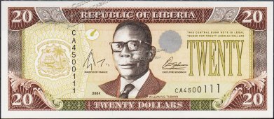 Банкнота Либерия 20 долларов 2004 года. P.28в - UNC - Банкнота Либерия 20 долларов 2004 года. P.28в - UNC