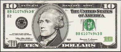 Банкнота США 10 долларов 1999 года. Р.506 UNC "BB-B" - Банкнота США 10 долларов 1999 года. Р.506 UNC "BB-B"
