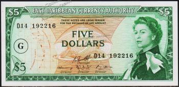 Восточные Карибы 5 долларов 1965г. P.14k - UNC - Восточные Карибы 5 долларов 1965г. P.14k - UNC