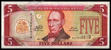 Либерия 5 долларов 2011г. P.26e - UNC - Либерия 5 долларов 2011г. P.26e - UNC