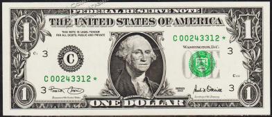 Банкнота США 1 доллар 2001 года. Р.509 UNC  "C" C-Звезда - Банкнота США 1 доллар 2001 года. Р.509 UNC  "C" C-Звезда