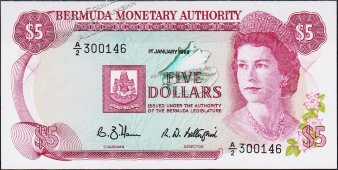 Банкнота Бермуды 5 долларов 1988 года. P.29d - UNC - Банкнота Бермуды 5 долларов 1988 года. P.29d - UNC