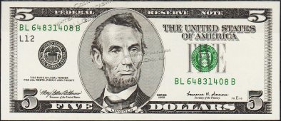 Банкнота США 5 долларов 1999 года. Р.505 UNC "BL-B" - Банкнота США 5 долларов 1999 года. Р.505 UNC "BL-B"