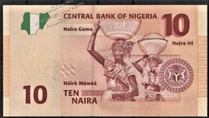 Банкнота Нигерия 10 найра 2008г. P.33c UNC бумага - Банкнота Нигерия 10 найра 2008г. UNC бумага