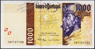 Банкнота Португалия 1000 эскудо 12.03.1998 года. P.188с(1-1) - UNC - Банкнота Португалия 1000 эскудо 12.03.1998 года. P.188с(1-1) - UNC