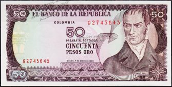 Банкнота Колумбия 50 песо 01.01.1983 года. P.422в - UNC - Банкнота Колумбия 50 песо 01.01.1983 года. P.422в - UNC