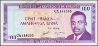 Банкнота Бурунди 100 франков 1984 года. P.29в(3) - UNC
