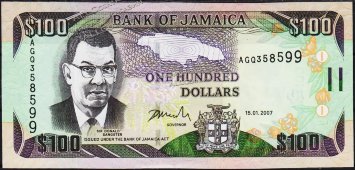 Банкнота Ямайка 100 долларов 2007 года. P.84с - UNC - Банкнота Ямайка 100 долларов 2007 года. P.84с - UNC