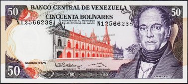 Банкнота Венесуэла 50 боливаров 1992 года. Р.65d - UNC - Банкнота Венесуэла 50 боливаров 1992 года. Р.65d - UNC