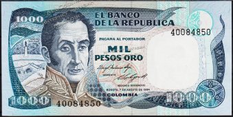 Банкнота Колумбия 1000 песо 07.08.1984 года. P.424в - UNC - Банкнота Колумбия 1000 песо 07.08.1984 года. P.424в - UNC