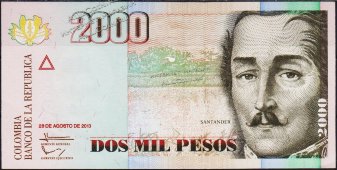 Банкнота Колумбия 2000 песо 28.08.2013 года. P.457r - АUNC - Банкнота Колумбия 2000 песо 28.08.2013 года. P.457r - АUNC