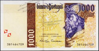 Банкнота Португалия 1000 эскудо 12.03.1998 года. P.188с(1-4) - UNC - Банкнота Португалия 1000 эскудо 12.03.1998 года. P.188с(1-4) - UNC