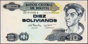 Банкнота Боливия 10 боливиано 1997 года. P.204c - UNC  - Банкнота Боливия 10 боливиано 1997 года. P.204c - UNC 