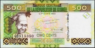 Банкнота Гвинея 500 франков 2015 года. P.47а - UNC - Банкнота Гвинея 500 франков 2015 года. P.47а - UNC