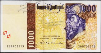 Банкнота Португалия 1000 эскудо 12.03.1998 года. P.188с(1-5) - UNC - Банкнота Португалия 1000 эскудо 12.03.1998 года. P.188с(1-5) - UNC