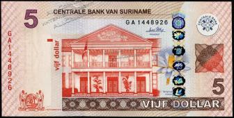 Суринам 5 долларов 2010г. P.157с - UNC - Суринам 5 долларов 2010г. P.157с - UNC