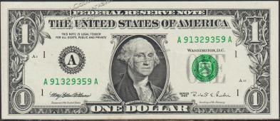 Банкнота США 1 доллар 1995 года. Р.496а - UNC "A" A-A - Банкнота США 1 доллар 1995 года. Р.496а - UNC "A" A-A