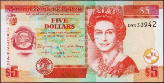 Банкнота Белиз 5 долларов 2016 года. P.67g - UNC - Банкнота Белиз 5 долларов 2016 года. P.67g - UNC