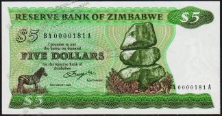 Банкнота Зимбабве 5 долларов 1980 года. P.2а - UNC - Банкнота Зимбабве 5 долларов 1980 года. P.2а - UNC