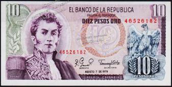 Банкнота Колумбия 10 песо 1979 года. P.407g(1) - UNC - Банкнота Колумбия 10 песо 1979 года. P.407g(1) - UNC
