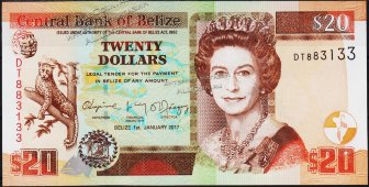 Банкнота Белиз 20 долларов 2017 года. P.69f - UNC - Банкнота Белиз 20 долларов 2017 года. P.69f - UNC
