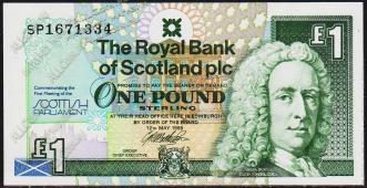 Банкнота Шотландия 1 фунт 1999 года. P.360 AUNC  - Банкнота Шотландия 1 фунт 1999 года. P.360 AUNC 