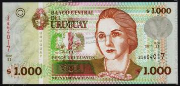 Банкнота Уругвай 1000 песо  2011 года. P.91d - UNC - Банкнота Уругвай 1000 песо  2011 года. P.91d - UNC