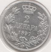 3-2 Сербия 2 динара 1897г. KM# 22 серебро 10,0гр - 3-2 Сербия 2 динара 1897г. KM# 22 серебро 10,0гр