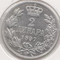 3-2 Сербия 2 динара 1897г. KM# 22 серебро 10,0гр