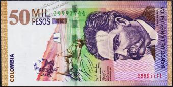 Банкнота Колумбия 50000 песо 15.05.2002 года. P.455с - UNC - Банкнота Колумбия 50000 песо 15.05.2002 года. P.455с - UNC