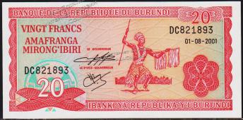 Бурунди 20 франков 2001г. P.27d(2) - UNC - Бурунди 20 франков 2001г. P.27d(2) - UNC