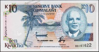 Банкнота Малави 10 квача 1994 года. P.25с - UNC - Банкнота Малави 10 квача 1994 года. P.25с - UNC