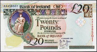 Банкнота Ирландия Северная 20 фунтов 1999 года. P.76с(2) - UNC - Банкнота Ирландия Северная 20 фунтов 1999 года. P.76с(2) - UNC