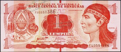 Банкнота Гондурас 1 лемпира 2016 года. P.NEW - UNC - Банкнота Гондурас 1 лемпира 2016 года. P.NEW - UNC