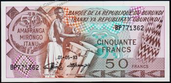 Бурунди 50 франков 1993г. P.28с(4) - UNC - Бурунди 50 франков 1993г. P.28с(4) - UNC