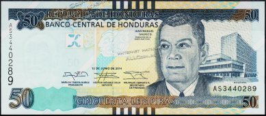 Банкнота Гондурас 50 лемпир 2014 года. P.NEW - UNC - Банкнота Гондурас 50 лемпир 2014 года. P.NEW - UNC