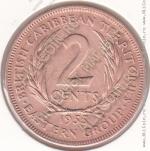 28-159 Восточные Карибы 2 цента 1955г. КМ # 3 бронза 9,55гр. 30,5мм. 