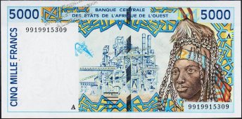 Банкнота Кот-д’Ивуар 5000 франков 1999 года. P.113A.i - UNC - Банкнота Кот-д’Ивуар 5000 франков 1999 года. P.113A.i - UNC