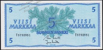 Финляндия 5 марок 1963г. P.99(1-1) - UNC - Финляндия 5 марок 1963г. P.99(1-1) - UNC