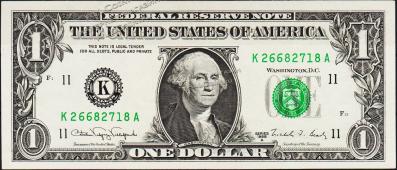 Банкнота США 1 доллар 1988A года Р.480в - AUNC "K" K-A - Банкнота США 1 доллар 1988A года Р.480в - AUNC "K" K-A