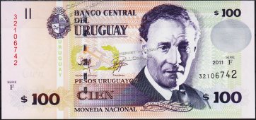 Банкнота Уругвай 100 песо  2011 года. P.88в - UNC - Банкнота Уругвай 100 песо  2011 года. P.88в - UNC