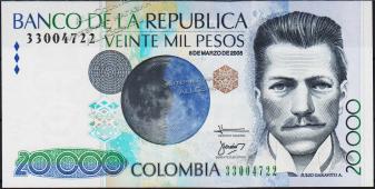 Банкнота Колумбия 20000 песо 08.03.2005 года. P.454J - UNC - Банкнота Колумбия 20000 песо 08.03.2005 года. P.454J - UNC