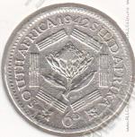 27-125 Южная Африка 6 пенсов 1942г. КМ # 27 серебро 2,83гр. 19,41мм