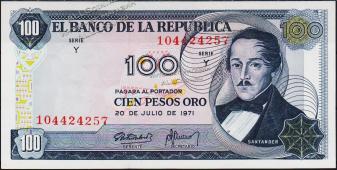 Банкнота Колумбия 100 песо 1971 года. P.410с(2-2) - UNC - Банкнота Колумбия 100 песо 1971 года. P.410с(2-2) - UNC