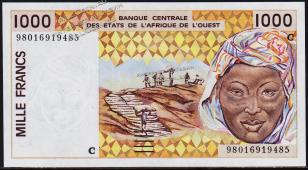 Буркина Фасо 1000 франков 1998г. P.311Ci - UNC - Буркина Фасо 1000 франков 1998г. P.311Ci - UNC