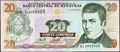 Банкнота Гондурас 20 лемпира 2006 года. P.93a - UNC - Банкнота Гондурас 20 лемпира 2006 года. P.93a - UNC