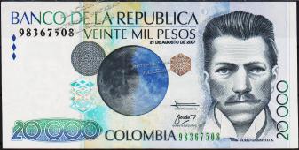 Банкнота Колумбия 20000 песо 21.08.2007 года. P.454p - UNC - Банкнота Колумбия 20000 песо 21.08.2007 года. P.454p - UNC