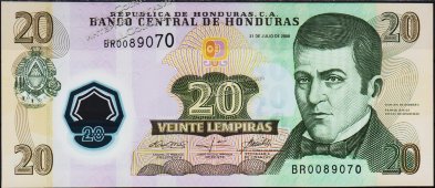 Банкнота Гондурас 20 лемпира 2008 года. P.95 UNC - Банкнота Гондурас 20 лемпира 2008 года. P.95 UNC