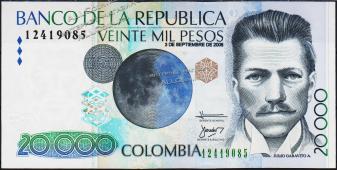 Банкнота Колумбия 20000 песо 03.11.2008 года. P.454q - UNC - Банкнота Колумбия 20000 песо 03.11.2008 года. P.454q - UNC